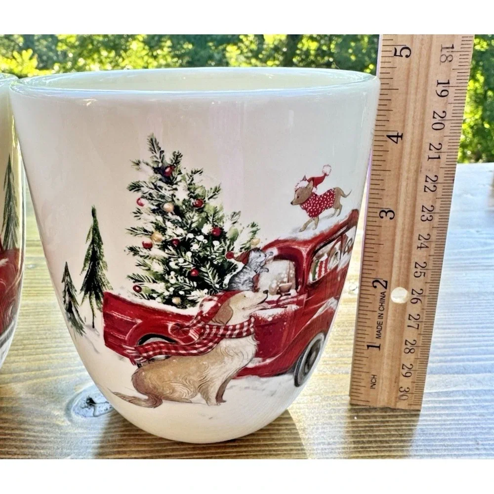 Pier 1 Winter Wonders Christmas Red Truck Dogs Cats‎ Mug Set 2 Ironstone